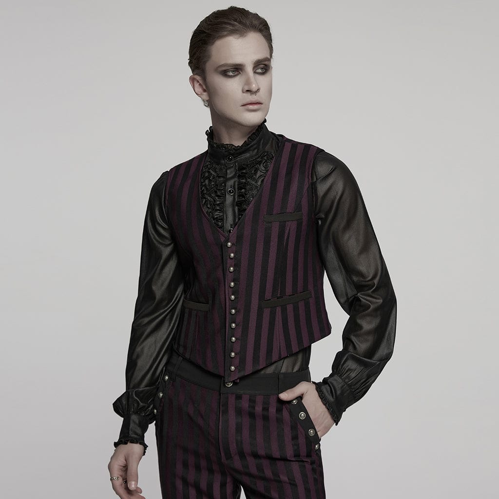 PUNK RAVE Men's Steampunk Striped Buckle Waistcoat Red