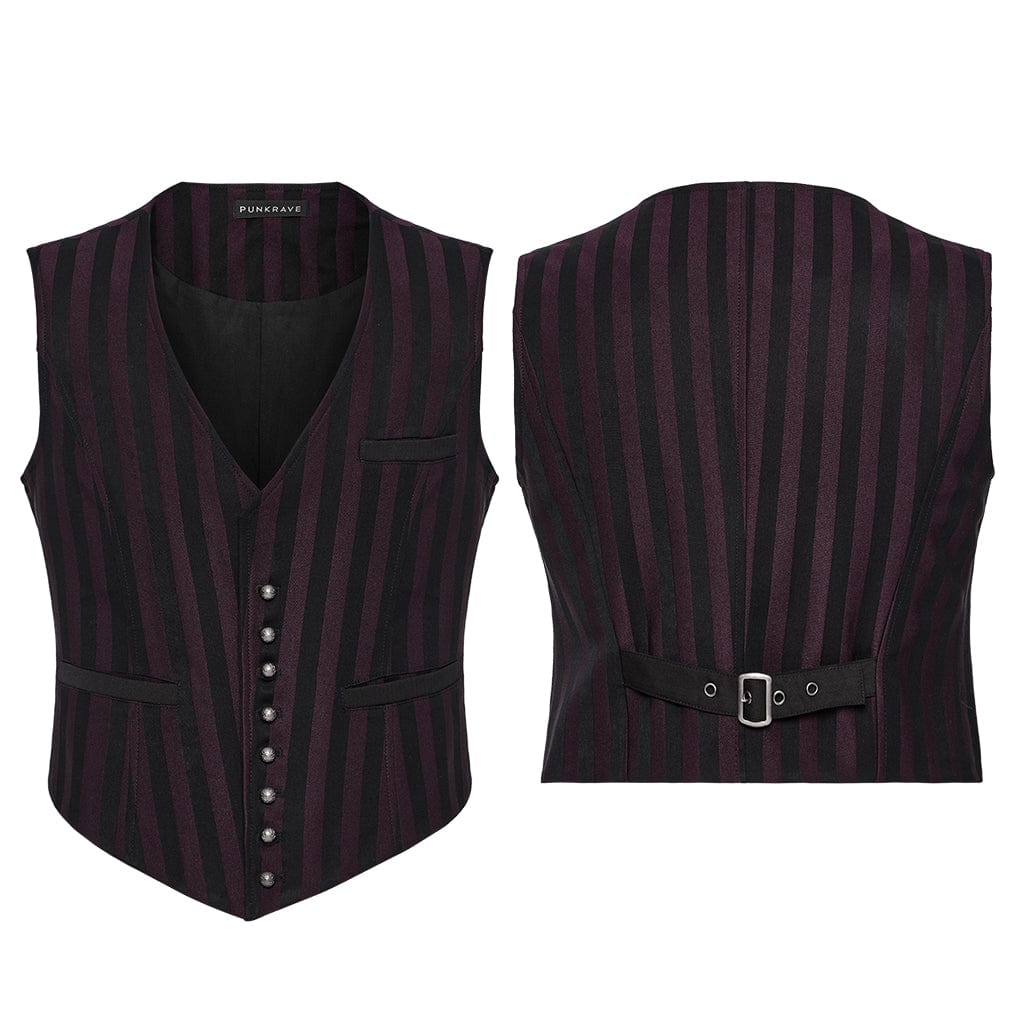 PUNK RAVE Men's Steampunk Striped Buckle Waistcoat Red