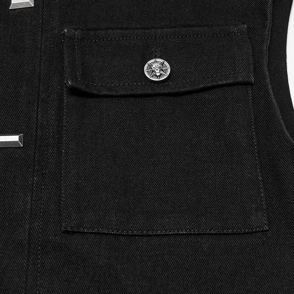 PUNK RAVE Men's Techwear Multi Pockets Studded Stand Collar Vest