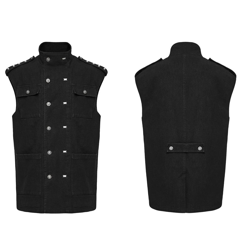PUNK RAVE Men's Techwear Multi Pockets Studded Stand Collar Vest