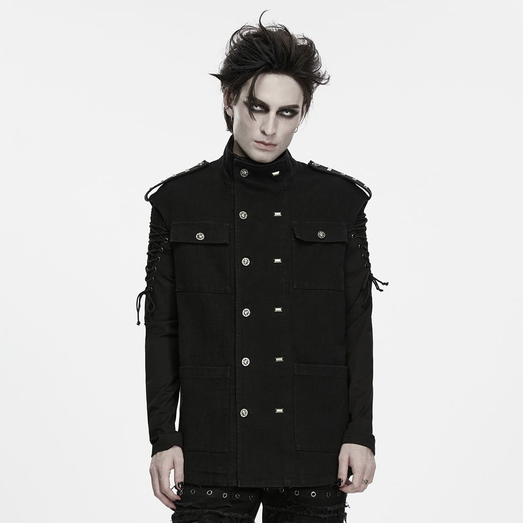 PUNK RAVE Men's Techwear Multi Pockets Studded Stand Collar Vest
