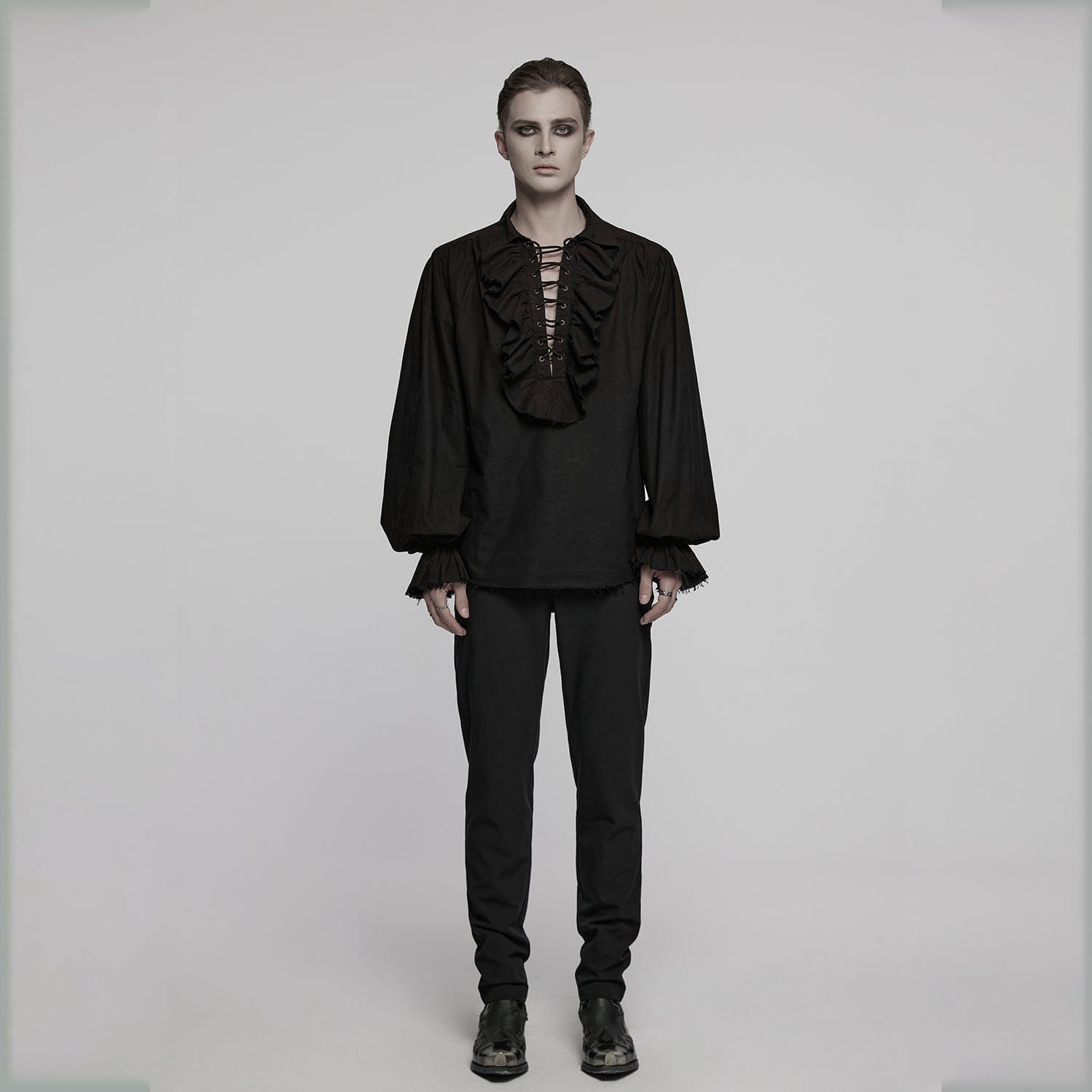 PUNK RAVE Punk Rave Men's Steampunk Ruched Lace-up Drawstring Long-Sleeve Shirt Y873