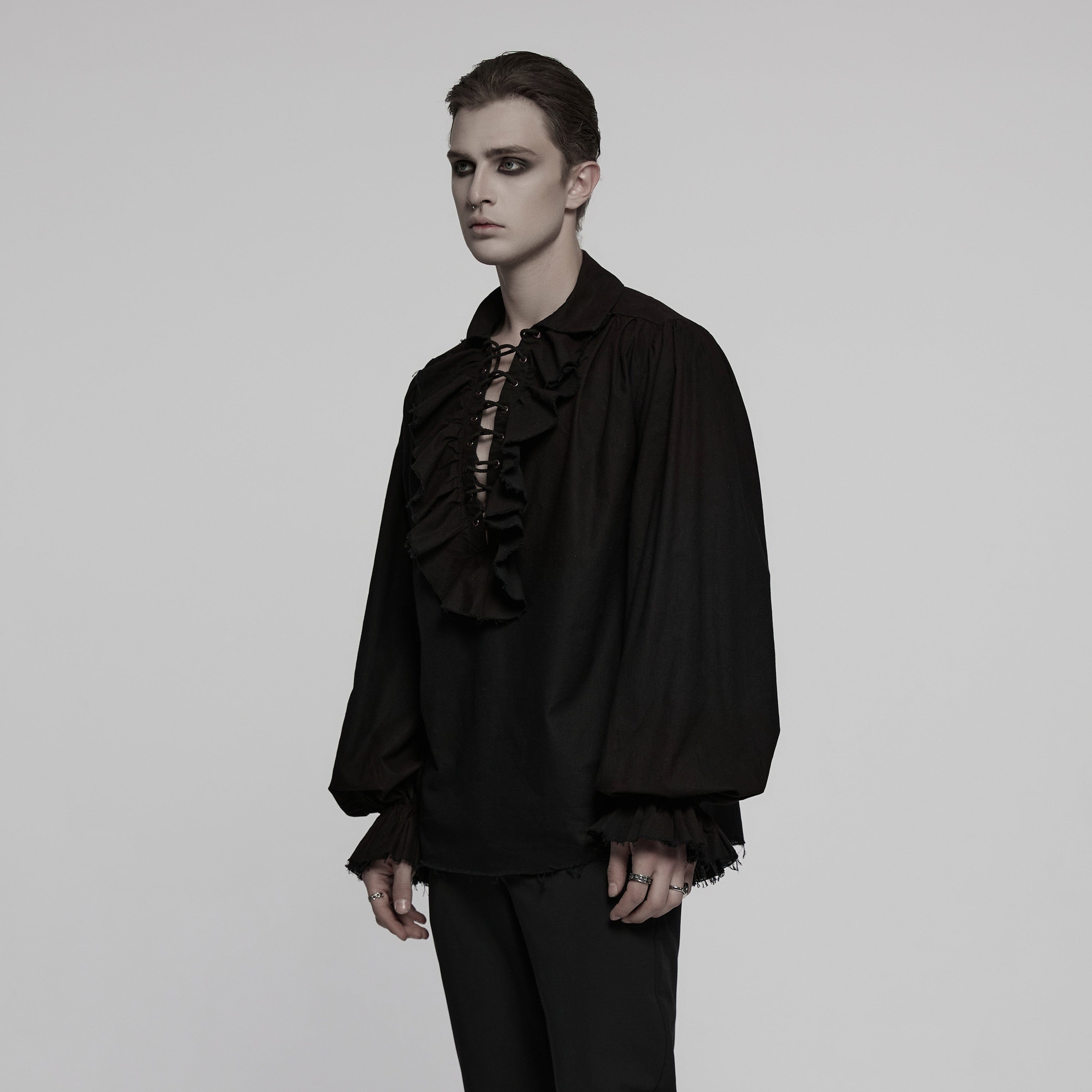 PUNK RAVE Punk Rave Men's Steampunk Ruched Lace-up Drawstring Long-Sleeve Shirt Y873