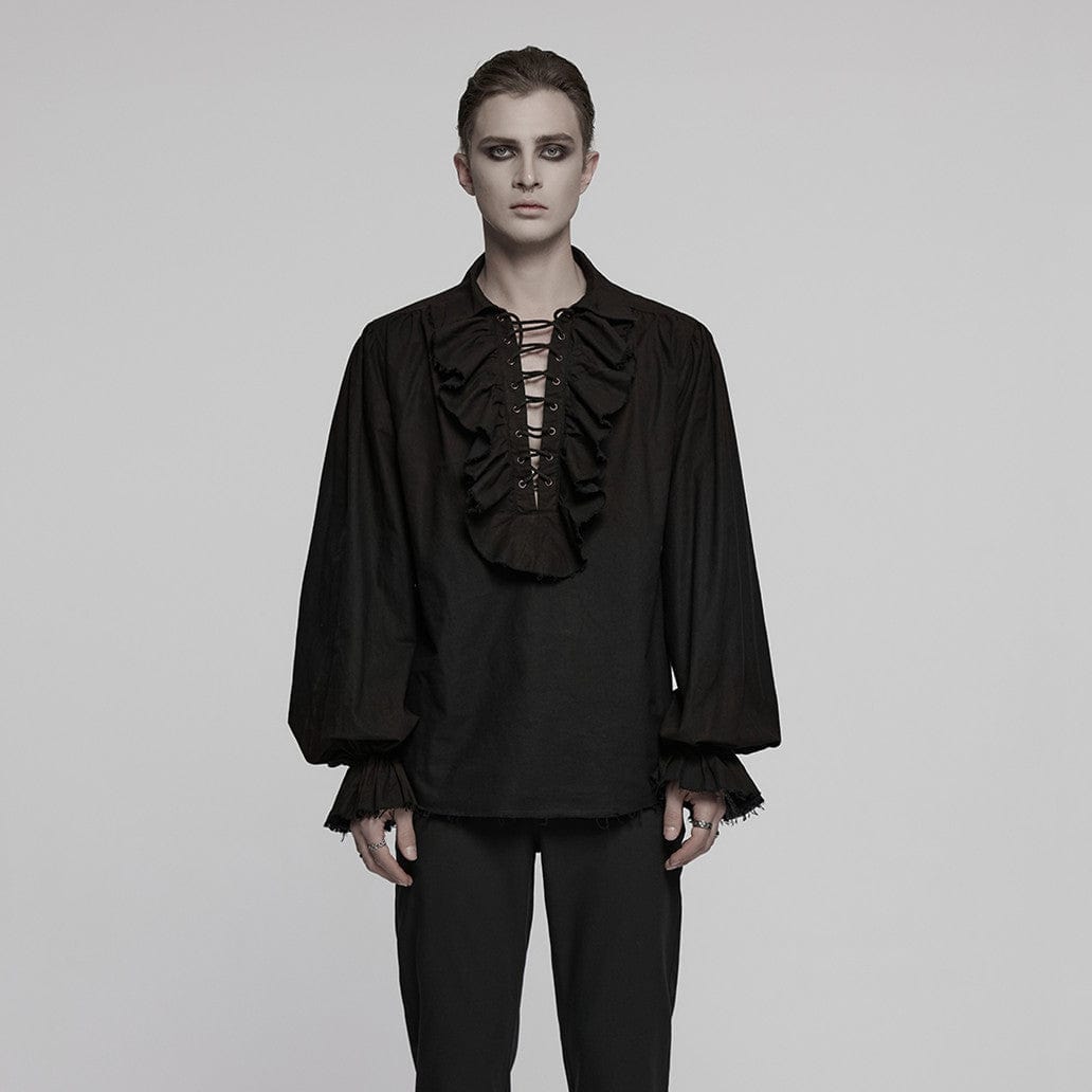 PUNK RAVE Punk Rave Men's Steampunk Ruched Lace-up Drawstring Long-Sleeve Shirt Y873