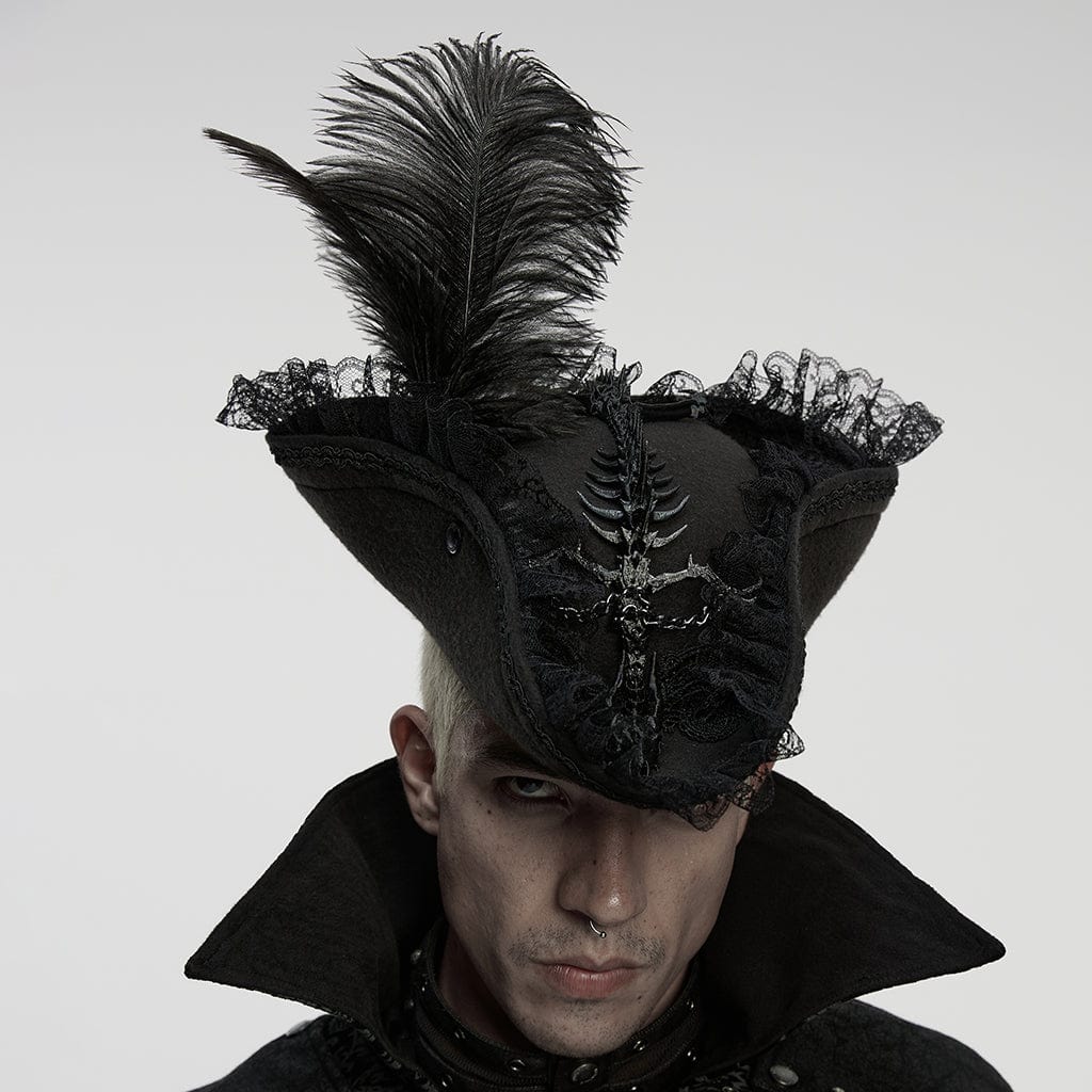 PUNK RAVE Unisex Gothic Dragon Bone Lace Hem Hat with Detachable Feather