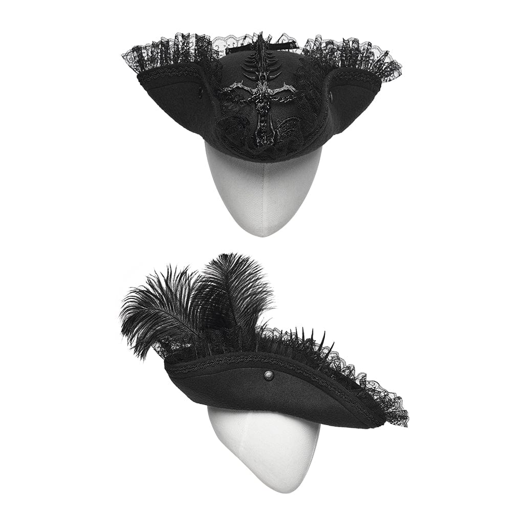 PUNK RAVE Unisex Gothic Dragon Bone Lace Hem Hat with Detachable Feather