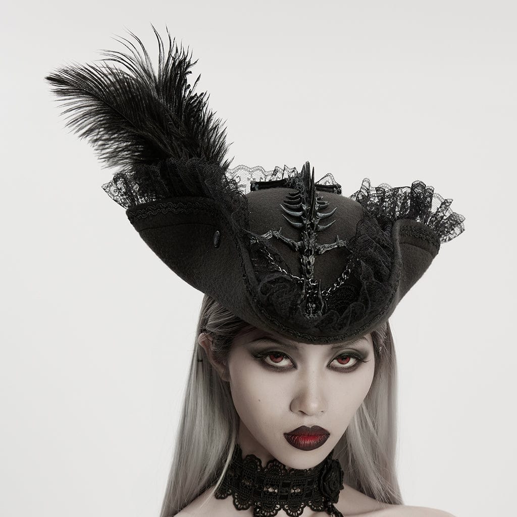 PUNK RAVE Unisex Gothic Dragon Bone Lace Hem Hat with Detachable Feather