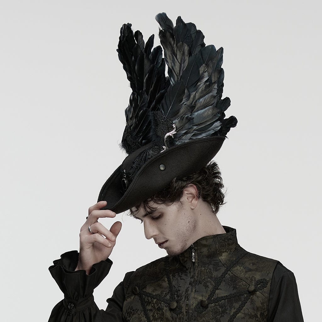 PUNK RAVE Unisex Gothic Embroidered Formal Hat with Detachable Feathered Wings