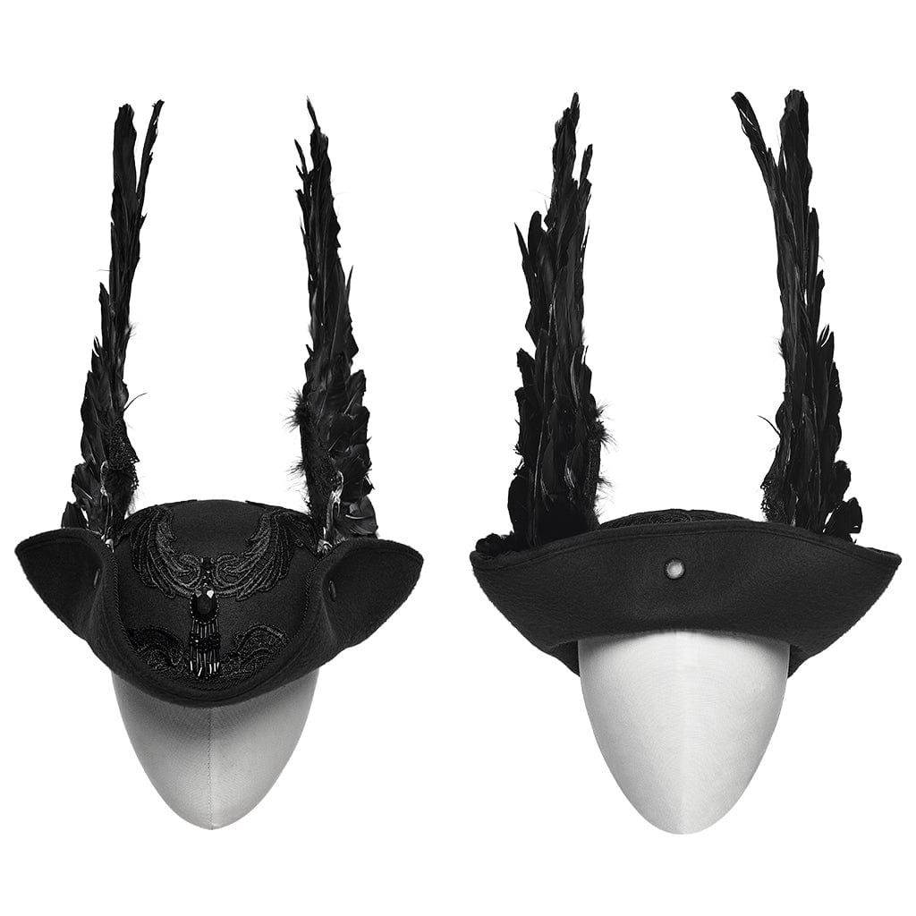 PUNK RAVE Unisex Gothic Embroidered Formal Hat with Detachable Feathered Wings