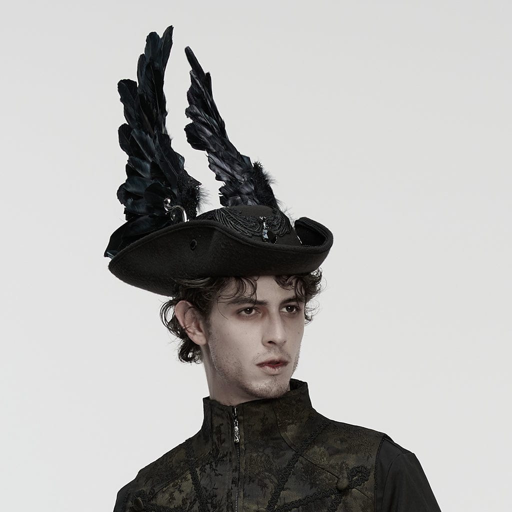 PUNK RAVE Unisex Gothic Embroidered Formal Hat with Detachable Feathered Wings