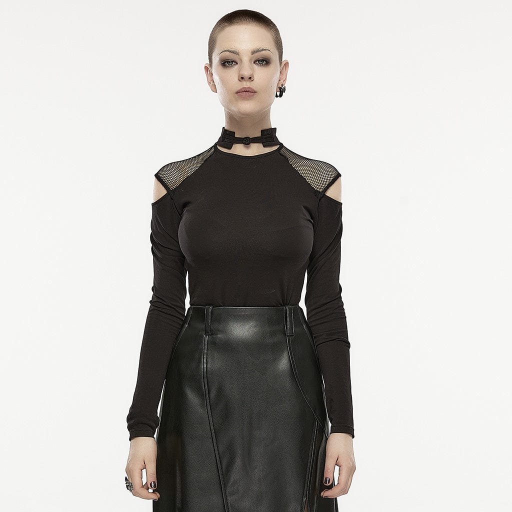 PUNK RAVE Women's Asymmetricle Stitched Embroidered Mesh T-shirts