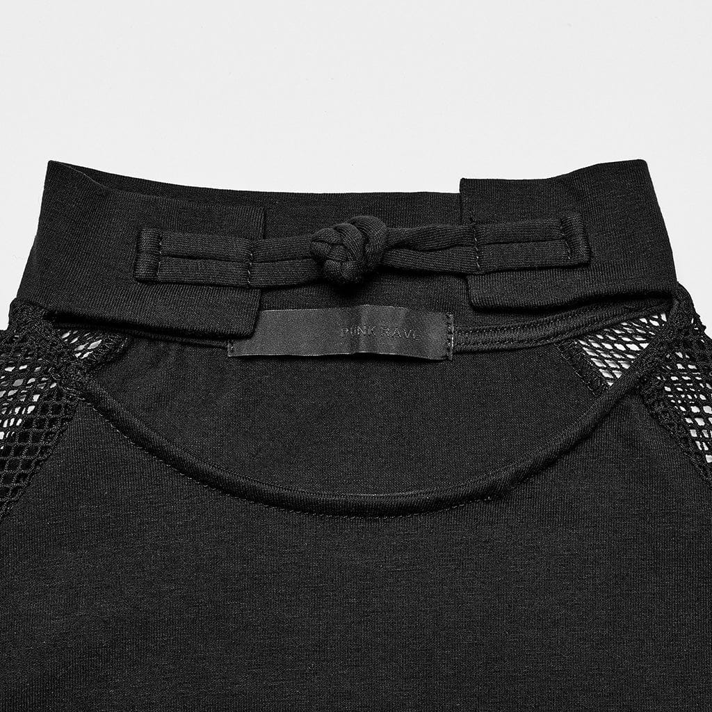 PUNK RAVE Women's Asymmetricle Stitched Embroidered Mesh T-shirts