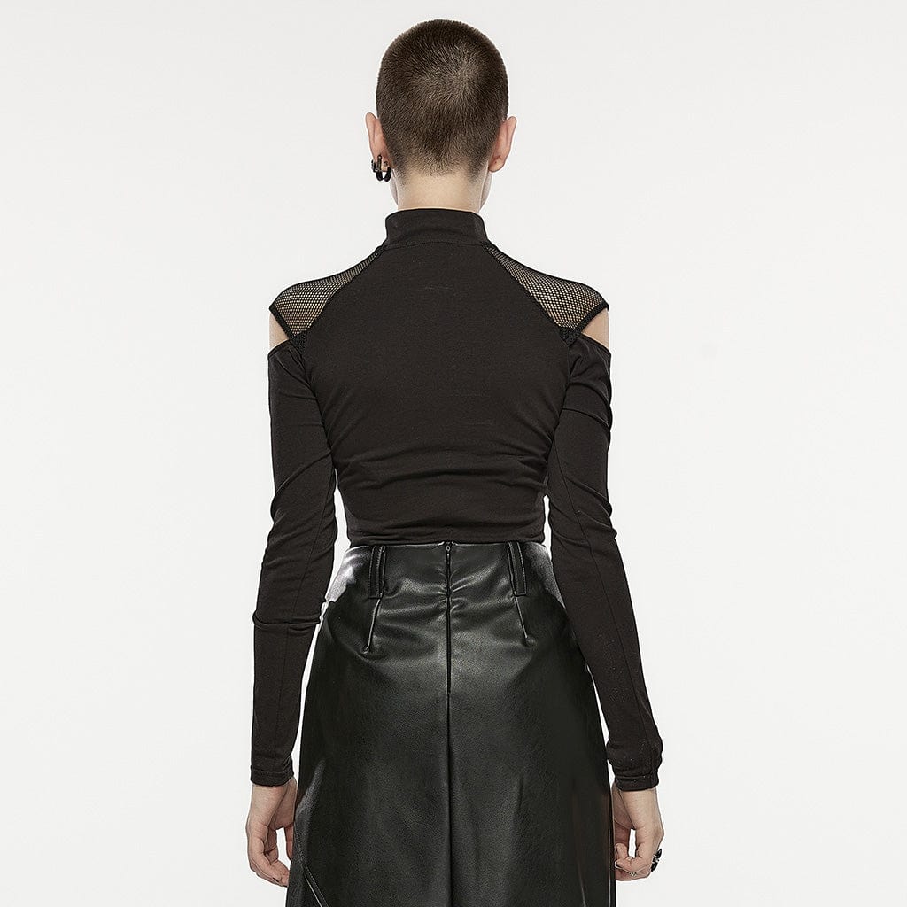 PUNK RAVE Women's Asymmetricle Stitched Embroidered Mesh T-shirts