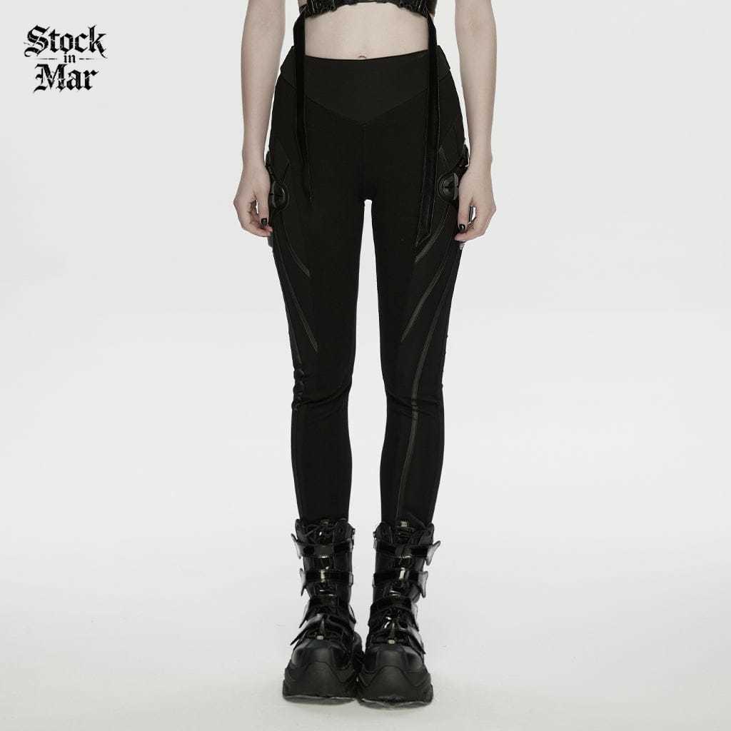 PUNK RAVE Women's Cyberpunk Armor-Accentuated Paneled Leggings Black