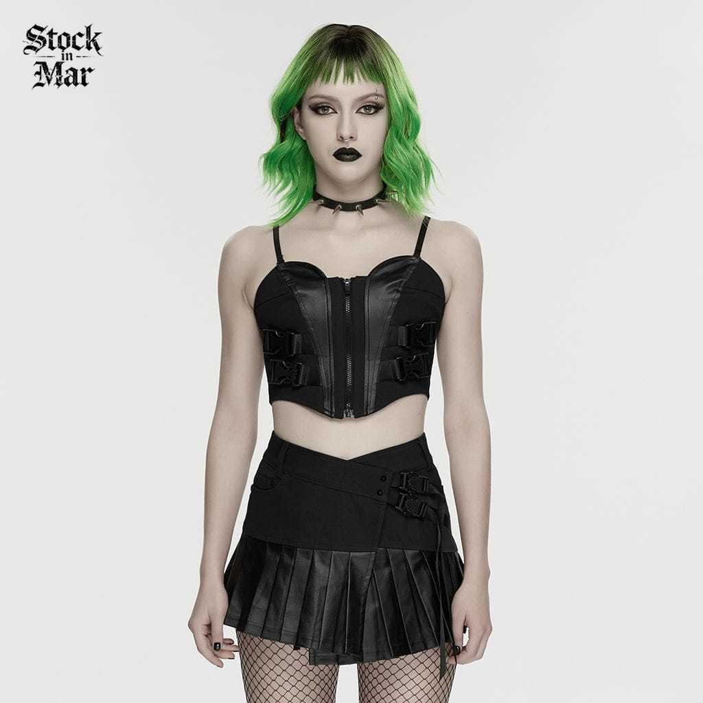 PUNK RAVE Women's Cyberpunk Buckle Lace-up Slip Bustier Black