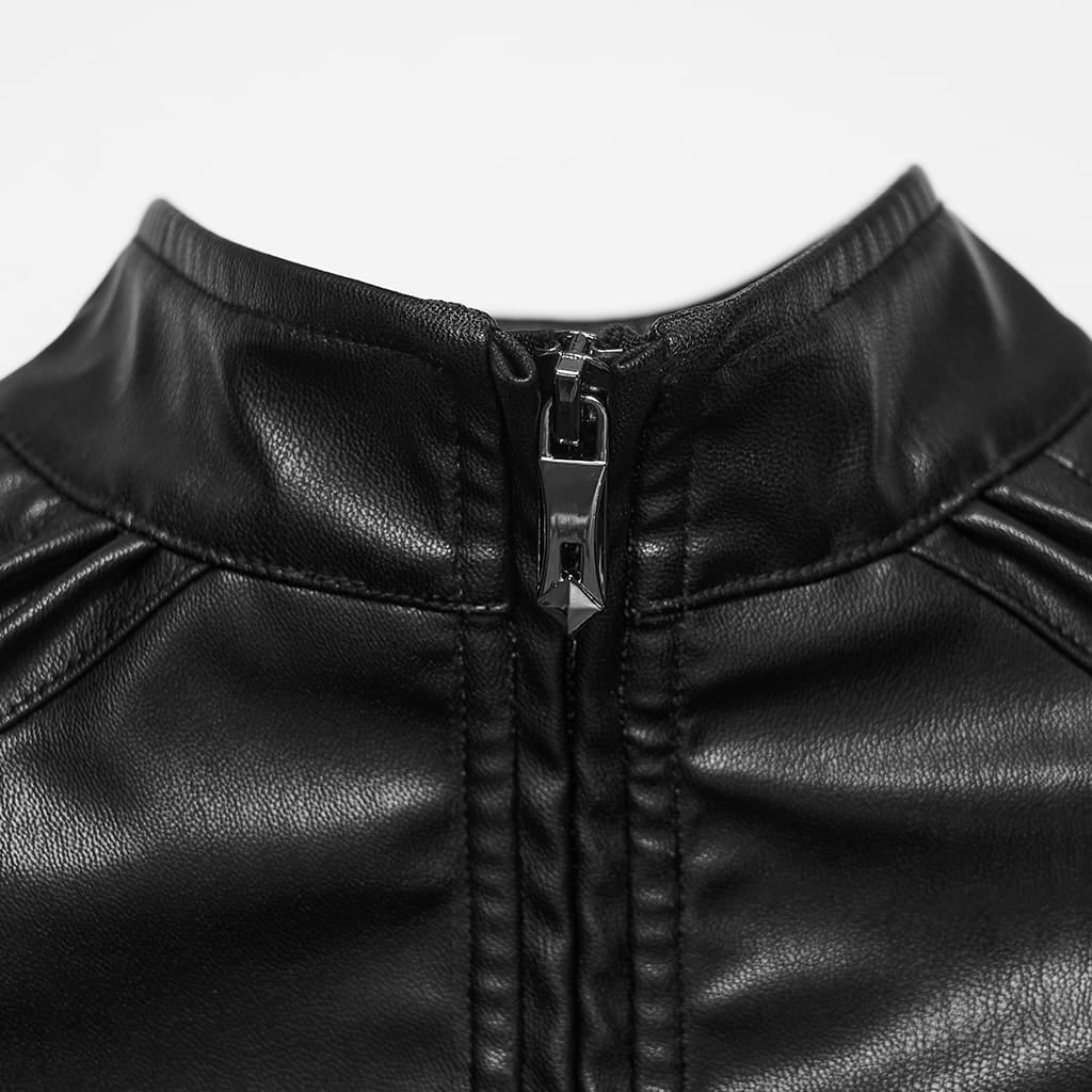 PUNK RAVE Women's Cyberpunk Buckle Shoulder Zip Front Stand Collar Faux Leather Jacket