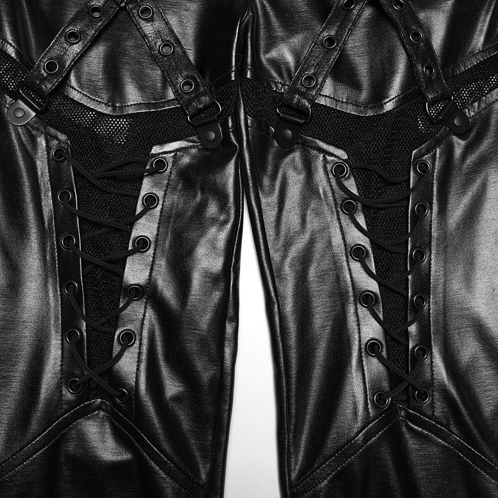 PUNK RAVE Women's Cyberpunk Eyelet Mesh Splice Leggings Black