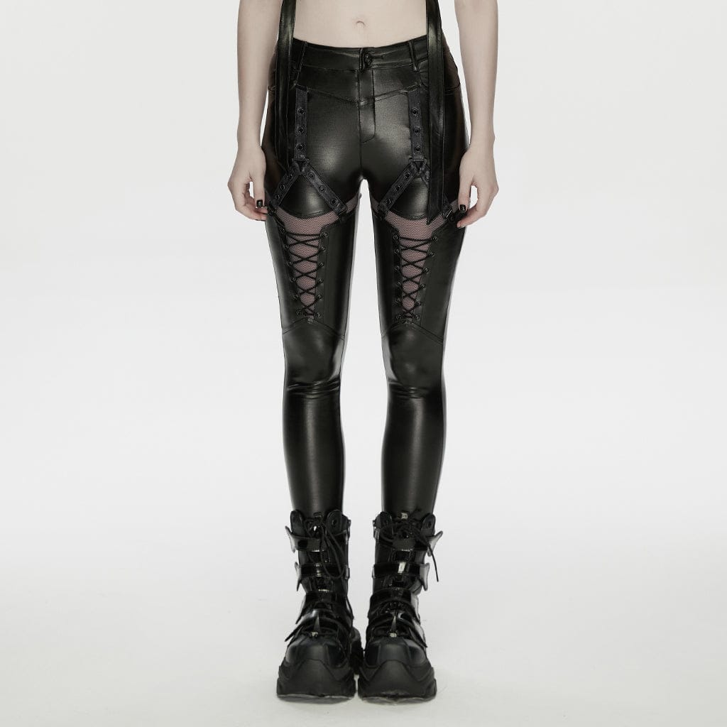 PUNK RAVE Women's Cyberpunk Eyelet Mesh Splice Leggings Black