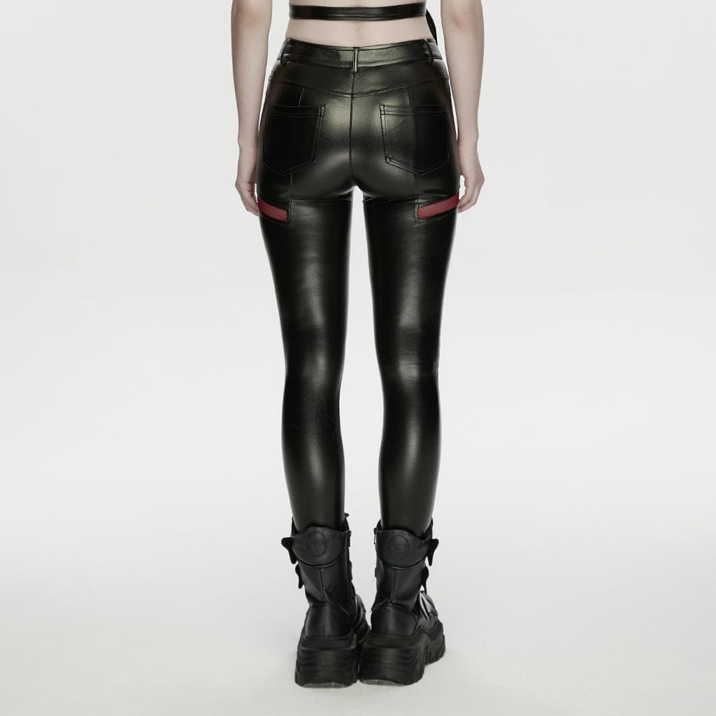 PUNK RAVE Women's Cyberpunk Eyelet Mesh Splice Leggings Black-Red