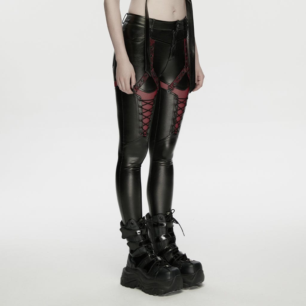 PUNK RAVE Women's Cyberpunk Eyelet Mesh Splice Leggings Black-Red