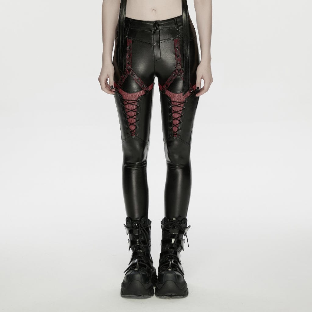 PUNK RAVE Women's Cyberpunk Eyelet Mesh Splice Leggings Black-Red