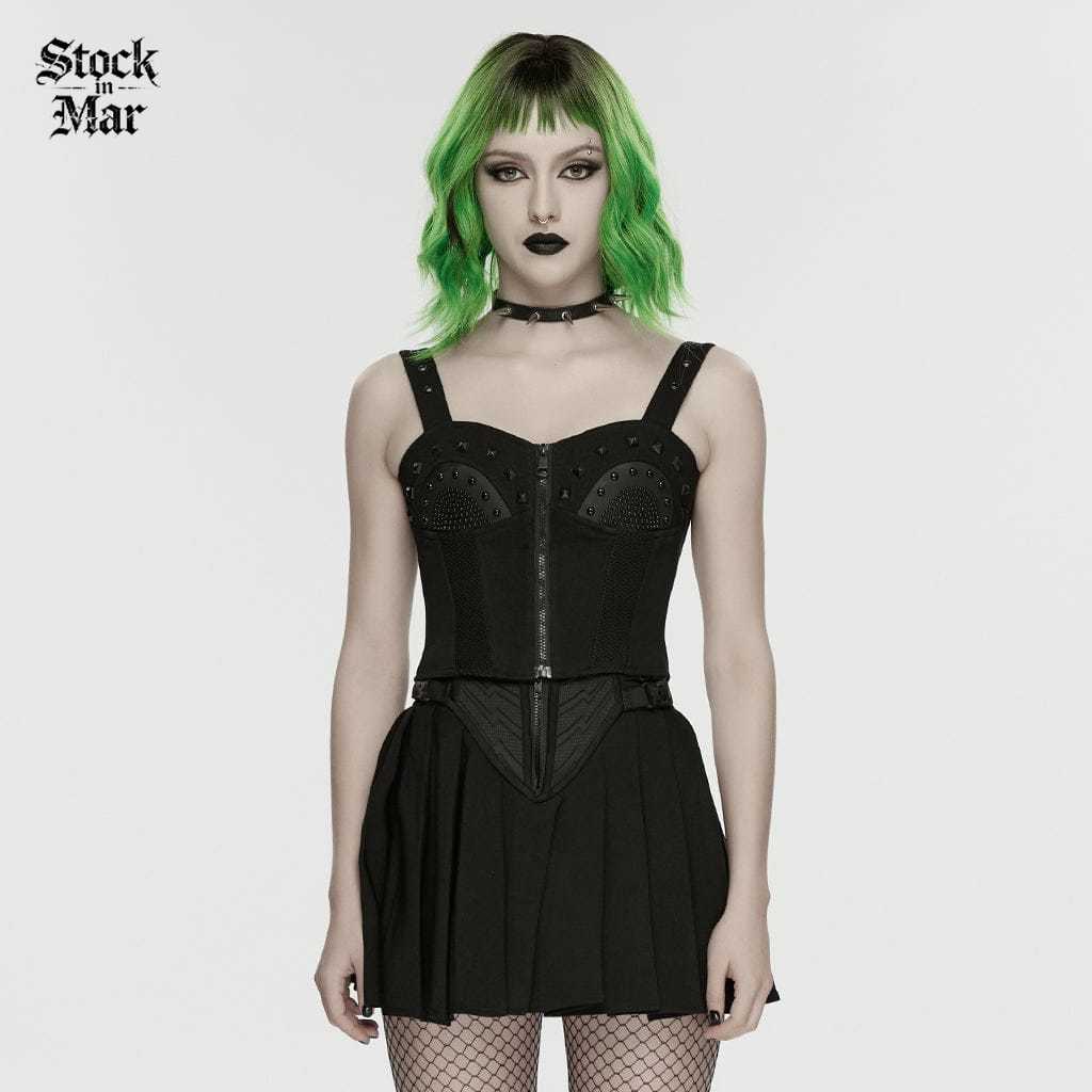 PUNK RAVE Women's Cyberpunk Eyelet Studded Zip Bustier