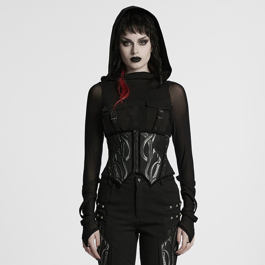 PUNK RAVE Women's Cyberpunk Irregular Studded Mesh Underbust Corset