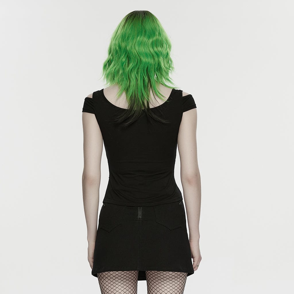 PUNK RAVE Women's Cyberpunk Mesh Rivets Short Sleeved T-shirt Black