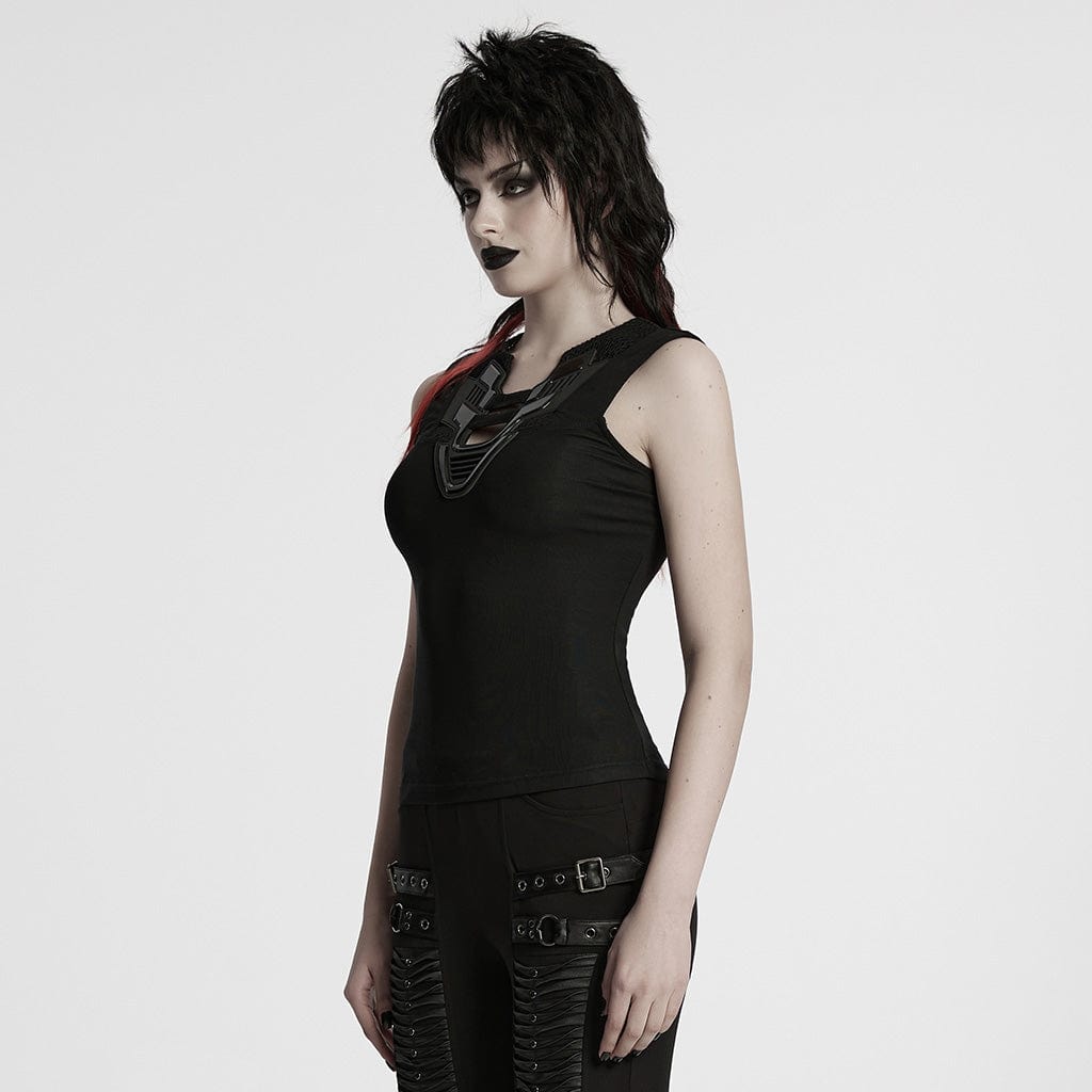 PUNK RAVE Women's Cyberpunk Plunging Mesh Splice Tank Top