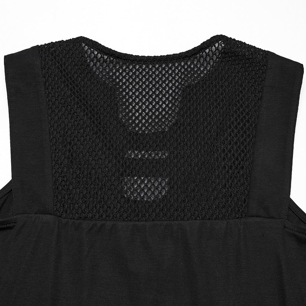 PUNK RAVE Women's Cyberpunk Plunging Mesh Splice Tank Top
