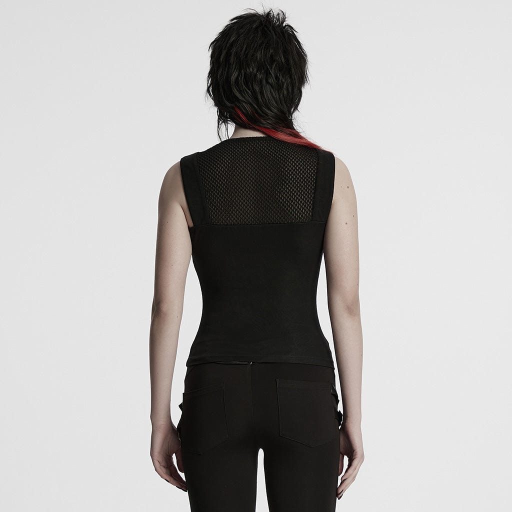PUNK RAVE Women's Cyberpunk Plunging Mesh Splice Tank Top