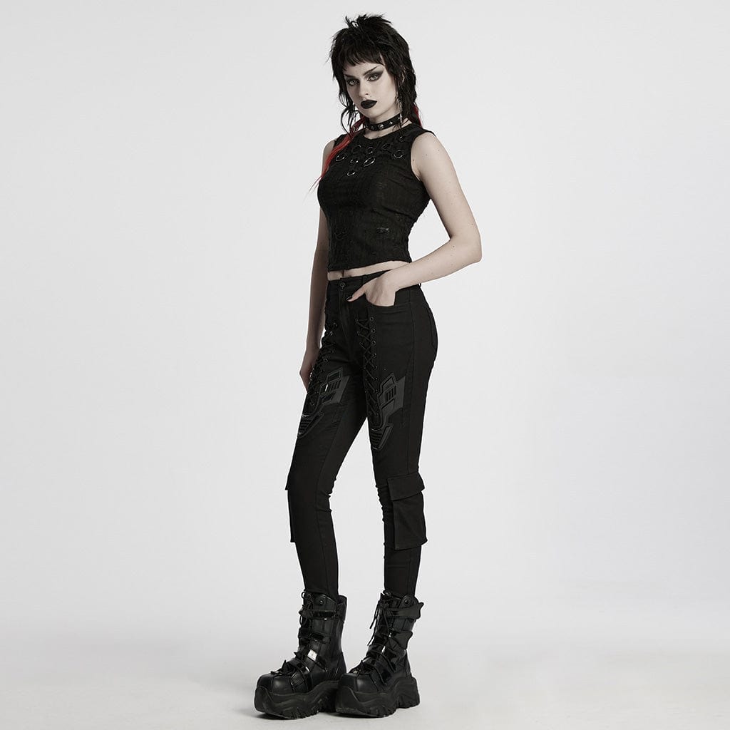 PUNK RAVE Women's Cyberpunk Strappy Big-pocket Leggings