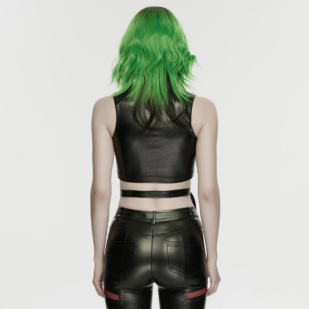 PUNK RAVE Women's Cyberpunk Studded Cutout Strappy Crop Top Black-Red