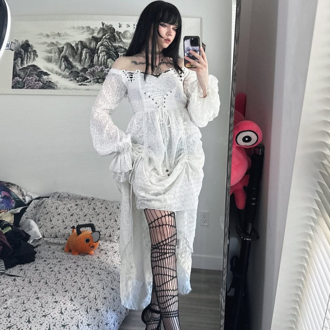 PUNK RAVE Women's Goth Cold Shoulder Puff Sleeved Little Dresses With Mesh Ruffles