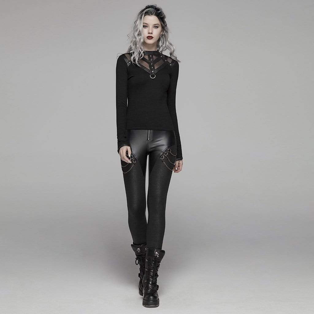 PUNK RAVE Women's Goth Faux Leather Skinny Leggings With Metal Chains