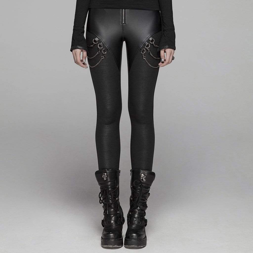 PUNK RAVE Women's Goth Faux Leather Skinny Leggings With Metal Chains