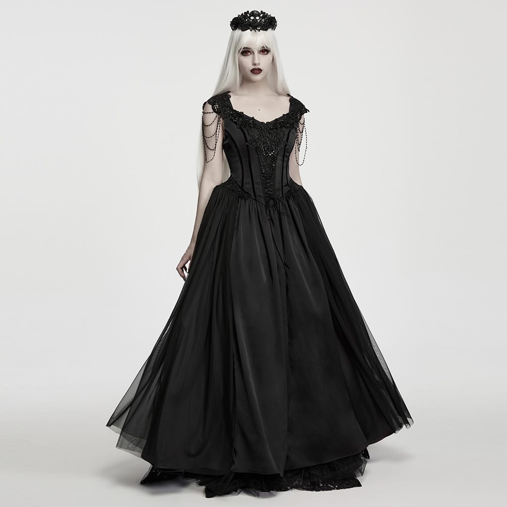 PUNK RAVE Women's Gothic Applique Chained Sleeveless Maxi Dress Black