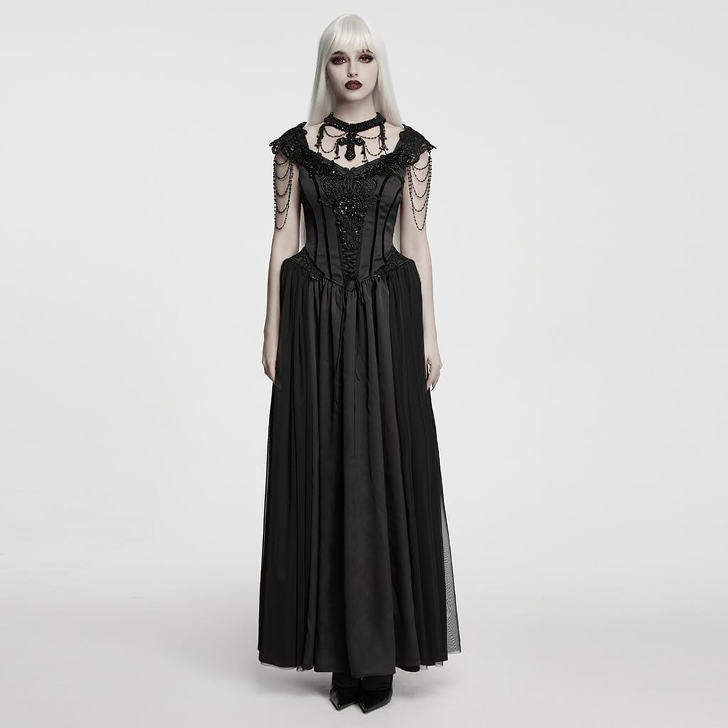 PUNK RAVE Women's Gothic Applique Chained Sleeveless Maxi Dress Black