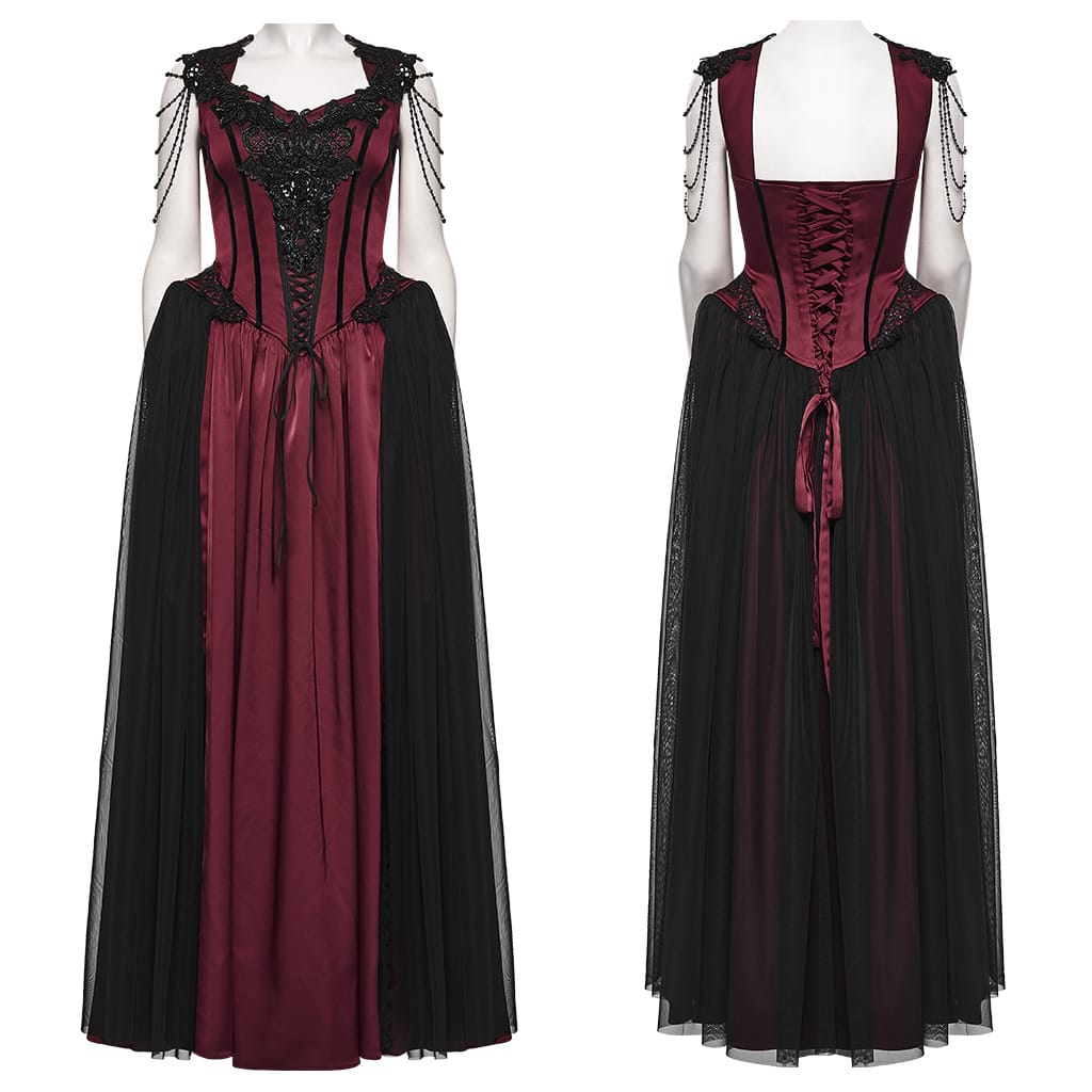 PUNK RAVE Women's Gothic Applique Chained Sleeveless Maxi Dress Black-Red