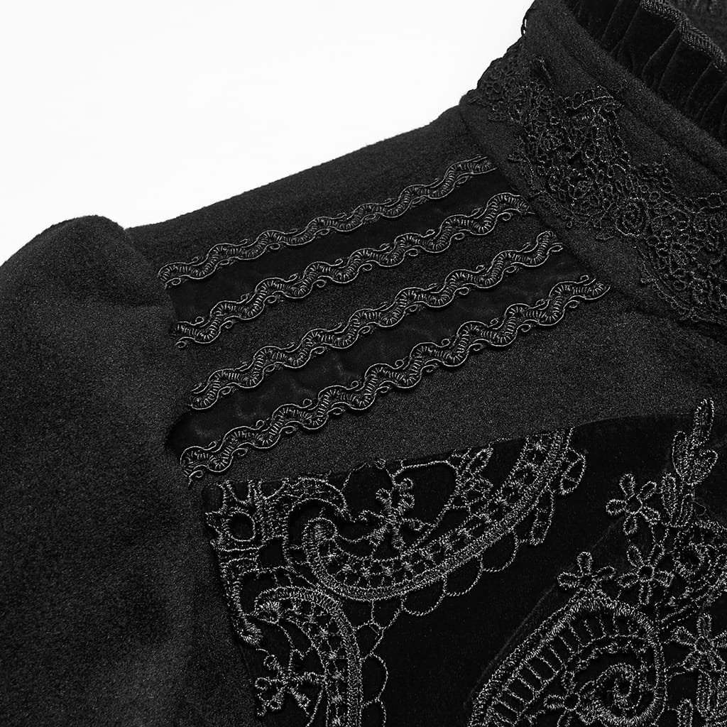 PUNK RAVE Women's Gothic Applique Lace-up Zipper Front Coat Black