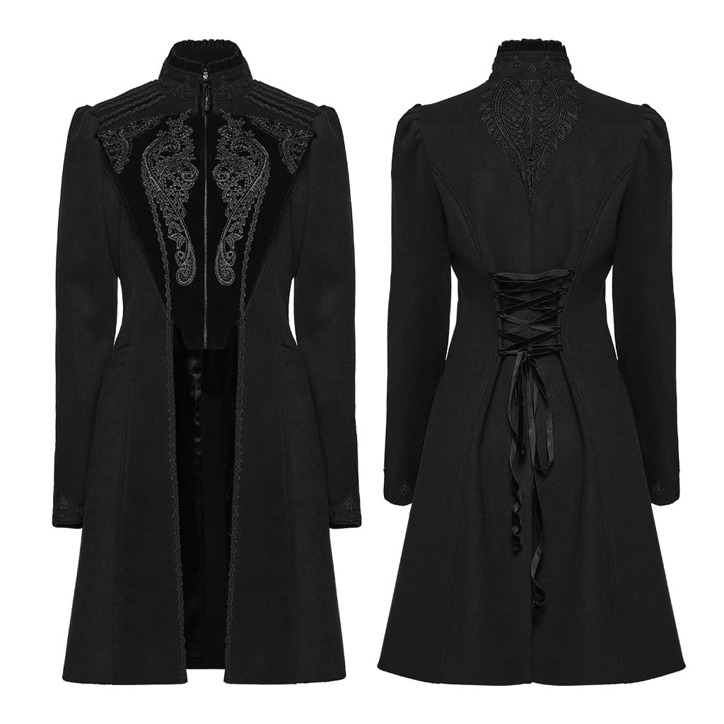 PUNK RAVE Women's Gothic Applique Lace-up Zipper Front Coat Black