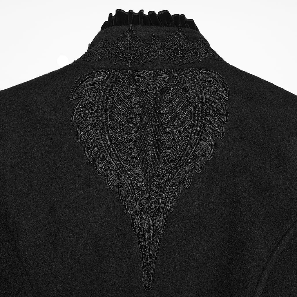 PUNK RAVE Women's Gothic Applique Lace-up Zipper Front Coat Black