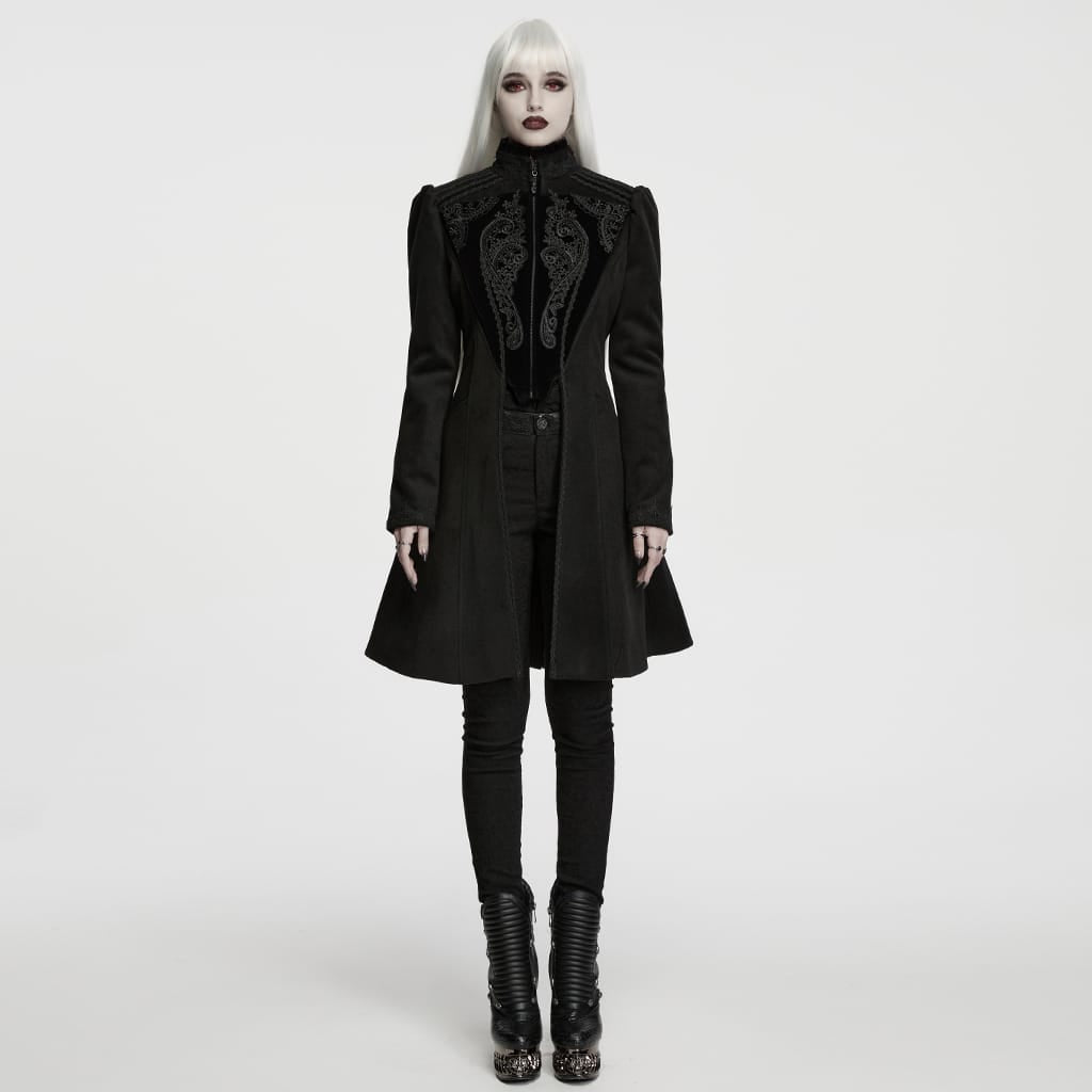 PUNK RAVE Women's Gothic Applique Lace-up Zipper Front Coat Black