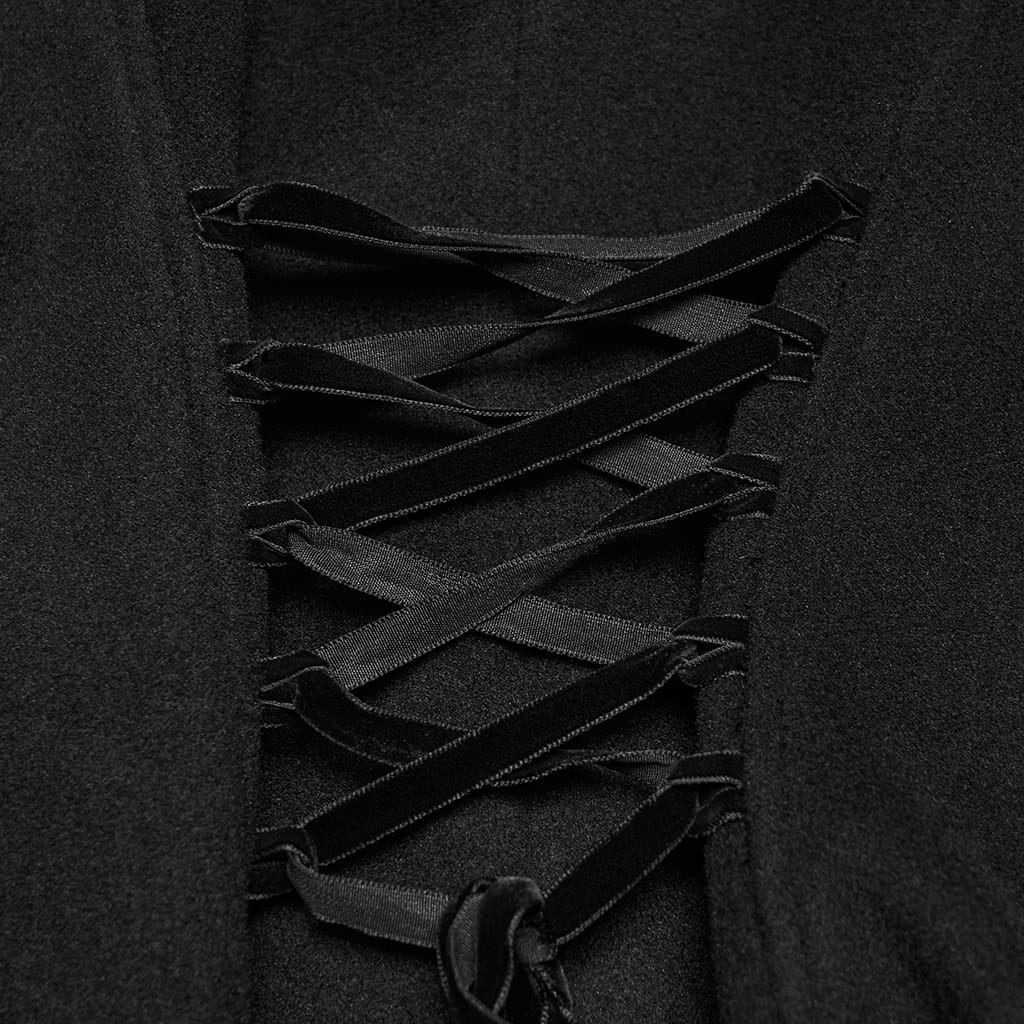 PUNK RAVE Women's Gothic Applique Lace-up Zipper Front Coat Black