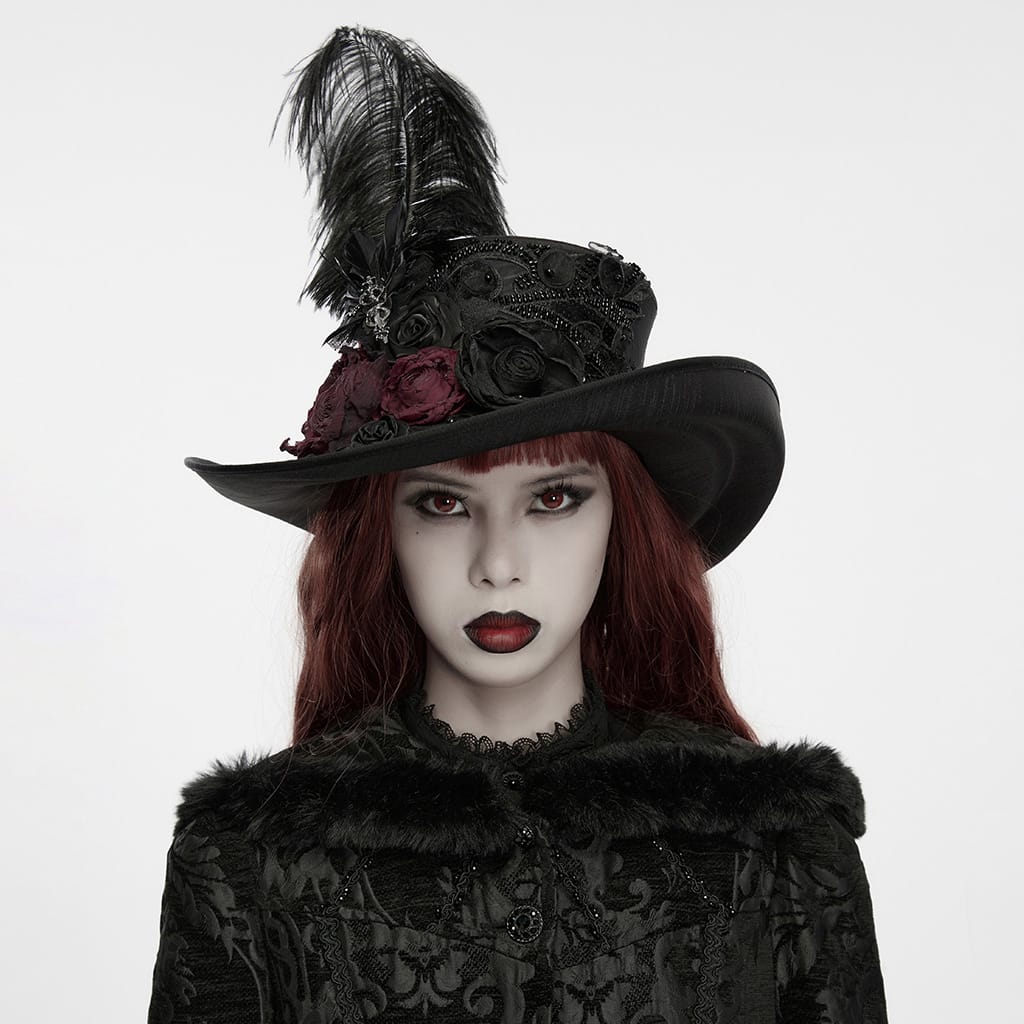 PUNK RAVE Women's Gothic Applique Rose Feather Top Hat