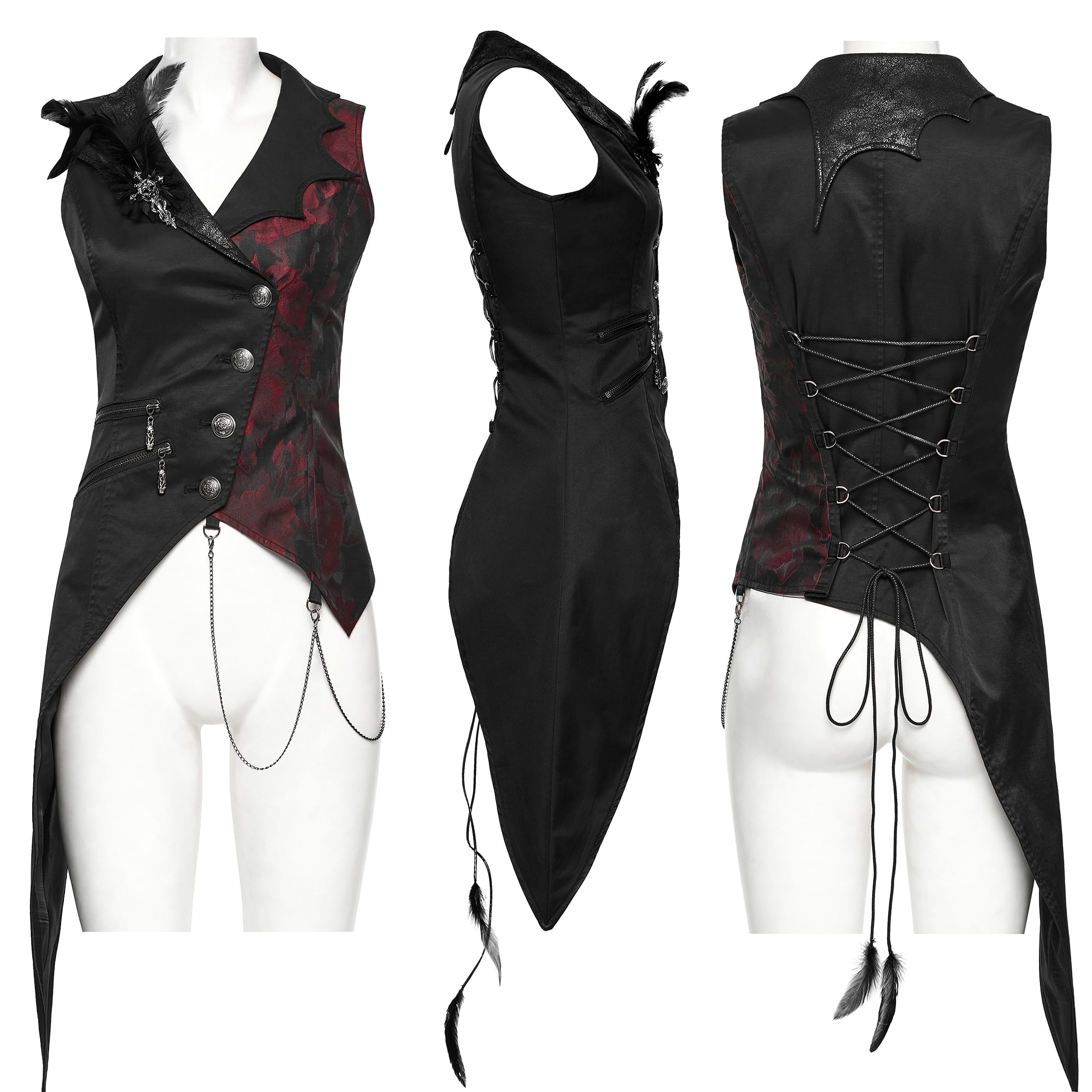 PUNK RAVE Women's Gothic Asymmetric Floral Bat Wing Collar Vest with Detachable Brooch