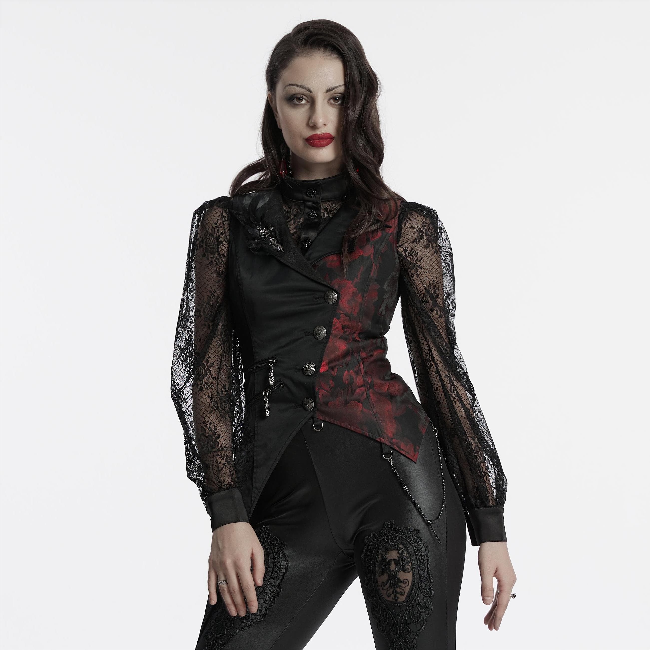 PUNK RAVE Women's Gothic Asymmetric Floral Bat Wing Collar Vest with Detachable Brooch