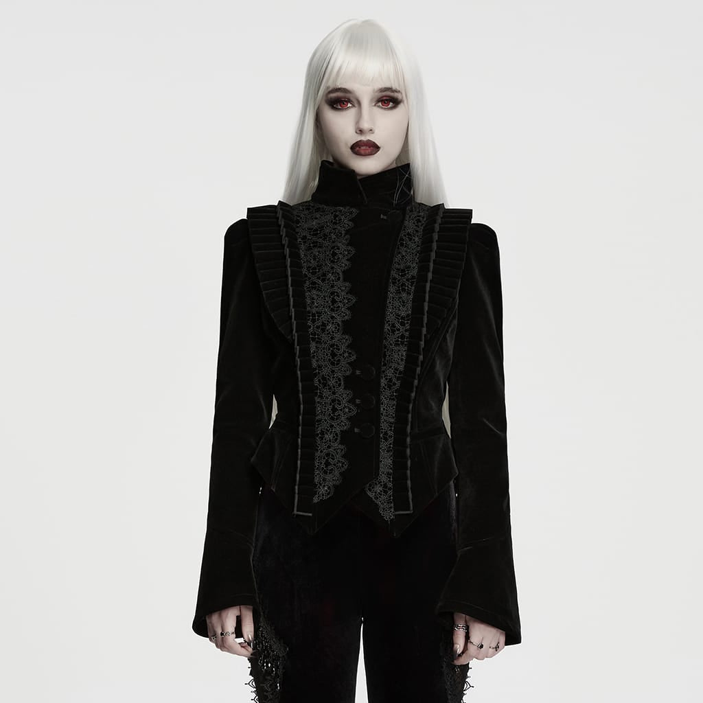 PUNK RAVE Women's Gothic Asymmetric Lace-up Lapel Velvet Coat Black