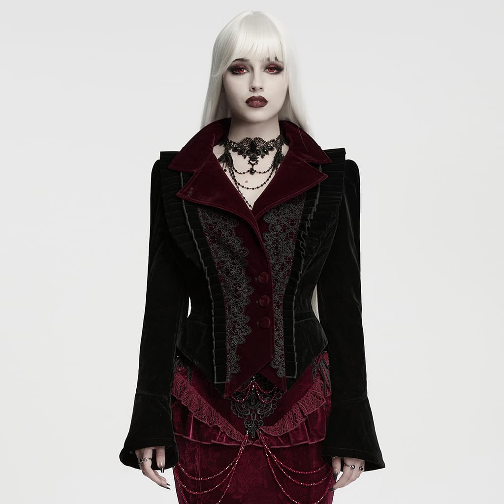PUNK RAVE Women's Gothic Asymmetric Lace-up Lapel Velvet Coat Black-Red