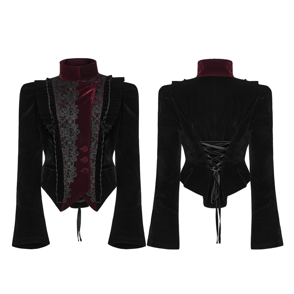 PUNK RAVE Women's Gothic Asymmetric Lace-up Lapel Velvet Coat Black-Red